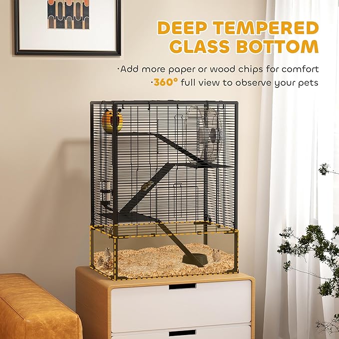 PawHut Large Hamster Cage with 9" Deep Tempered Glass Bottom, 4 Tiers Hamster Tank with Running Wheel, Hut, Water Bottle, Dish, Rat Cage for Syrian, Dwarf, Gerbils, Mouse, 24" x 16" x 31.5", Black