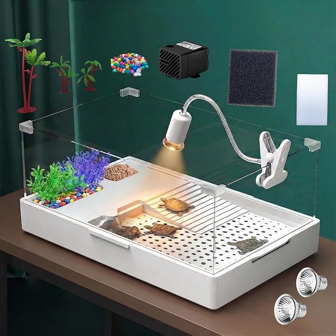 Geegoods Turtle Tank Aquarium (Tank + Light + Water Pump), Turtle Tank Starter Kit with Platform Plants for Small Reptiles Habitat（23.6"×14.2"×10.4"）