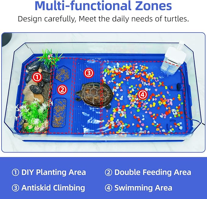 Turtle Tank Tortoise Terrarium with Pump＆Filter with Shower Function Easy to Change Water and Clean Water for Turtle Horned Frog Hermit Crab Blue, XL
