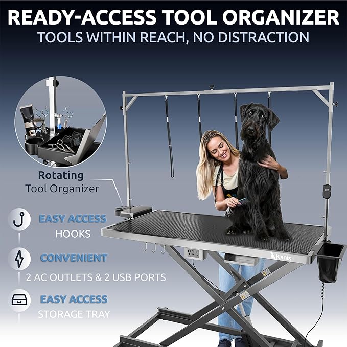 KANIS Professional Electric Dog Grooming Table - Heavy Duty, Height Adjustable Pet Grooming Table w/Leveling Wheels, Dog Grooming Arm, Anti-Slip Tabletop & Tool Organizer (Grey, 60")