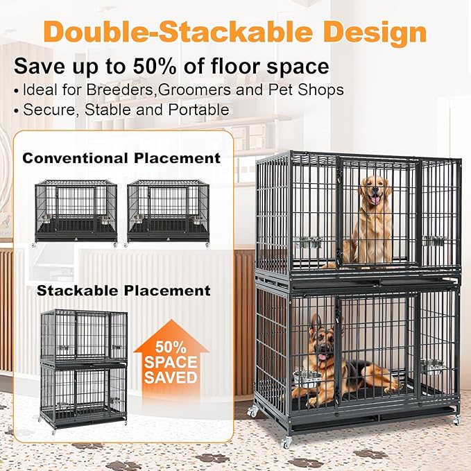 Homey Pet Heavy Duty Dog Crates for Large Dogs, 47 Inch Stackable Large Dog Crate Cage with 4 Wheels, 2 Removable Trays and Grids, 2 Bowls, Multi Locks Strong & Solid Escape Proof Dogs Kennel Indoor