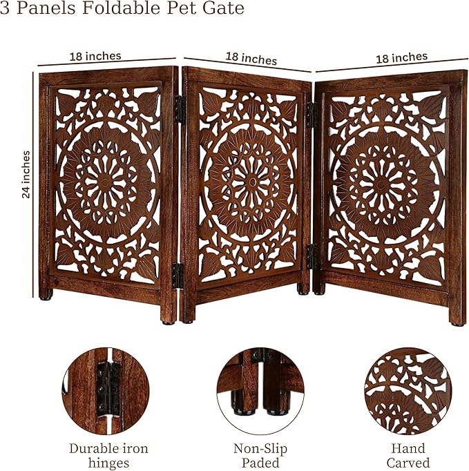 Lightnpro Carved Wooden Dog Gate - Extra-Wide Freestanding Foldable Indoor Pet Barrier, Decorative Safety Gate for Dogs & Puppies, Perfect for Stairs, Doorways & Hallways - 24x54 Inch Natural Burnt