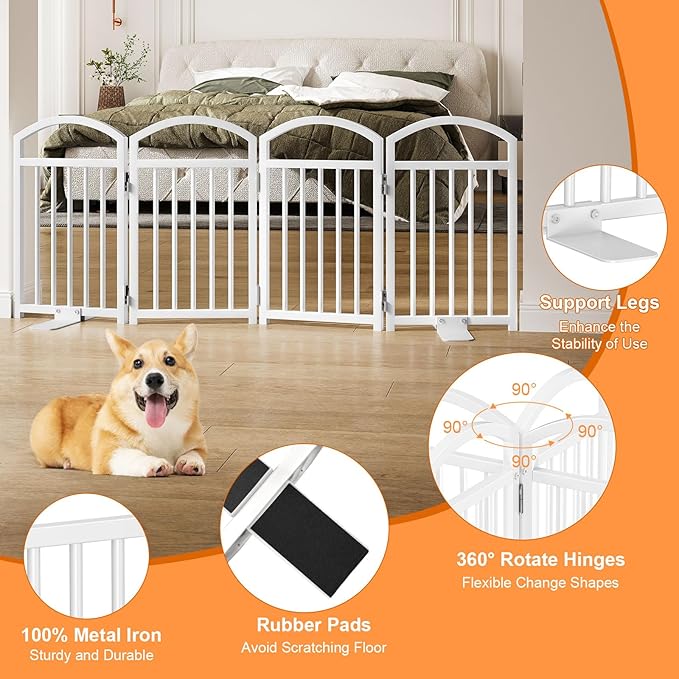 Snughome Short Dog Gate Indoor, 19.69" H Freestanding Small Dog Door Gates with Support Feet, Expands Up to 48" Wide Foldable Pet Gates for Doorway, 4 Panel Folding Pet Door Pet Fence for Puppy, White