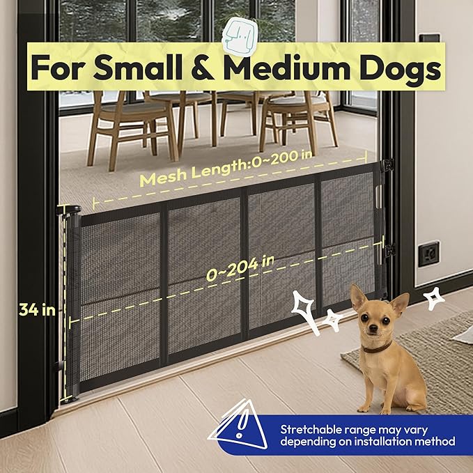 34" H Tall Mesh Dog Gate Extends Up to 200" W Retractable Pet Gate with Drill Installation, Preventing Crawling Through for Stairs, Doorways, Indoor & Outdoor (Black)