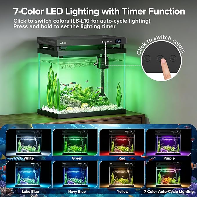 Fish Tank, 2.2 Gallon Smart Aquarium, Small Fish Aquarium Kits with Smart Humidifier, Auto Feeder, Silent Water Pump, Temperature Display & 7-Color Lighting, for Office & Home - Black