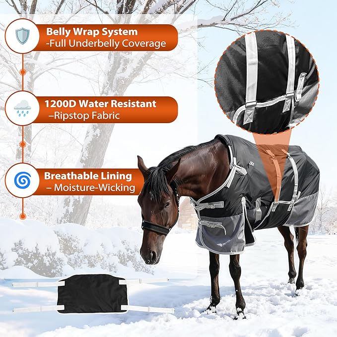 81" Horse Blanket for Real Horses – 1200 Denier Medium Weight Horse Winter Blanket with Standard Neck and Belly Band – Water - Resistant – Black-Grey – 220g Fill