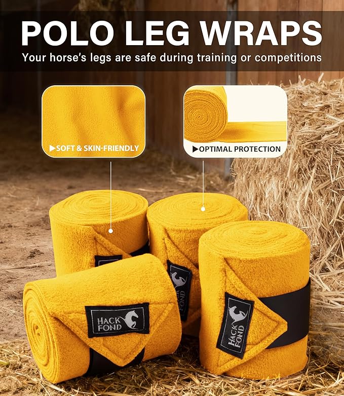 Fleece Horse Polo Leg Wraps Set of 4, 10' Horse Leg Bandages Stable Supplies Equestrian Boots Yellow