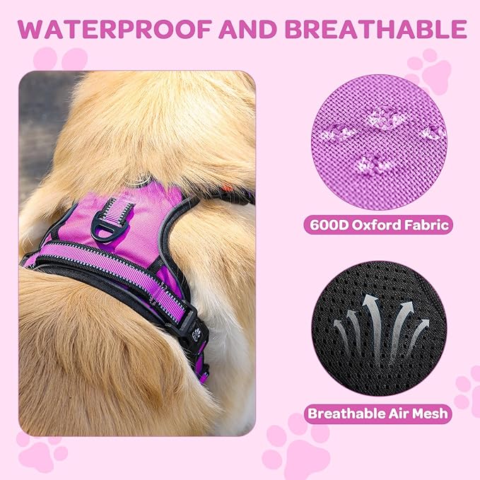 FURRYFECTION Plaid Dog Harness for Small Dogs, Reflective No Pull Adjustable Pet Vest with Front Clip, Leash, Easy Control Handle and Seat Belt, Rose, S