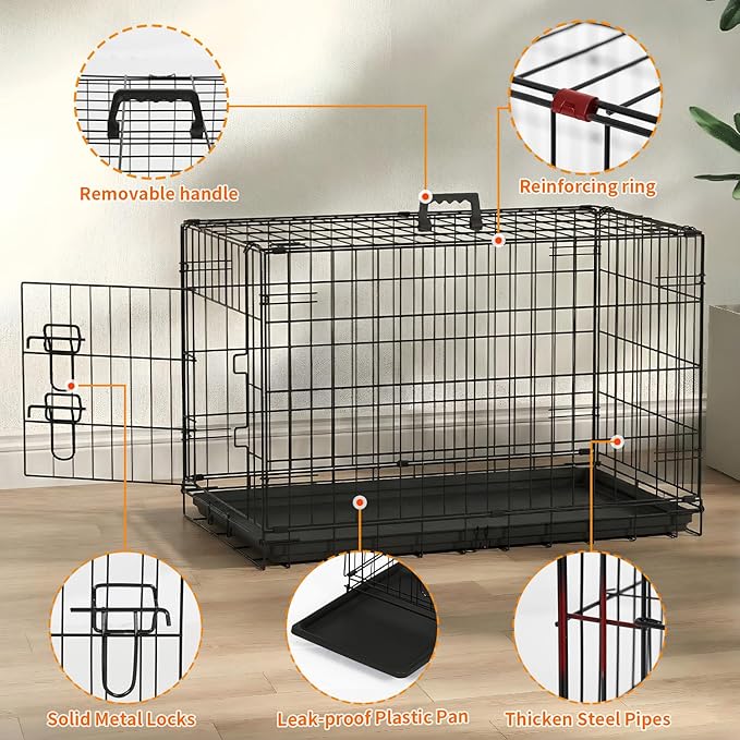 FDW Dog Crate 30-Inch Dog Cage Single Door Foldable Metal Kennel with Leakproof Tray Foldable Design Indoor Outdoor Use for Small and Medium Dogs,Dark Black