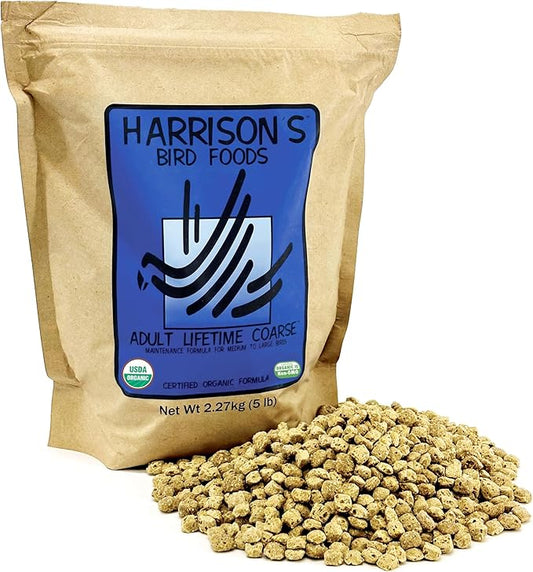 Harrison's Bird Foods Adult Lifetime Coarse Certified Organic Non-GMO Daily Maintenance Formula for Medium to Large Birds, Parrots, Cockatoos, Macaws etc, Suitable for All Life Stages 2.27kg/ 5lb