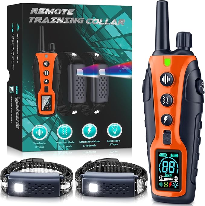 Dog Shock Collar 2 Dogs(15-150lbs) with Flashing Light for Night Walks,4500FT Dog Training Collar Adjustable Pitch Beep(1-8), Vibration(1-16), Safe Shock(1-99), and Keypad Lock