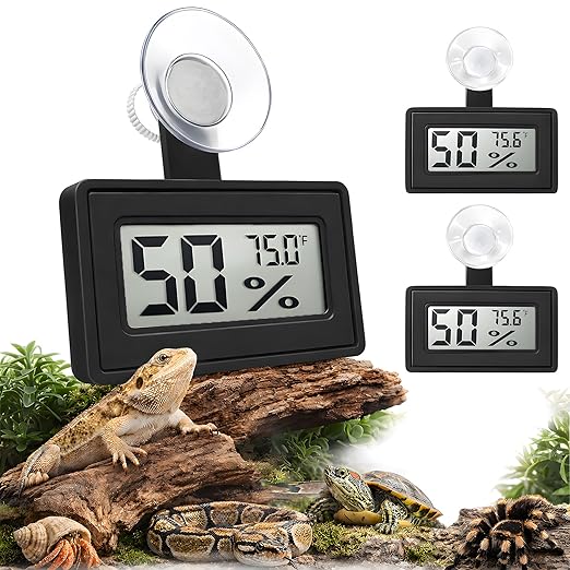 2 Pcs Suction Cup Reptile Thermometer Hygrometer, Fast-Read °F/°C Digital Temp&Humidity Gauge for Terrarium Tank Enclosure,for Gecko,Bearded Dragon,Snake,Tortoise,Hermit Crab,Jumping Spider (Black)