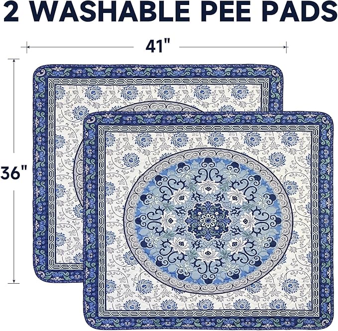 Washable Pee Pads for Dogs 2 Pack,36"x41" Waterproof Non-Slip Reusable Puppy Pad with Fast Absorbent,Leakproof Whelping Pads for Pet Housebreaking (Indigo Blue Medallion, 36"x41"(Pack of 2))