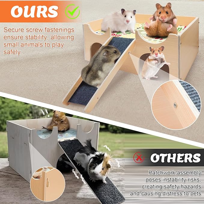 Wooden Hamster House Hideout, Natural Wood Small Animal Hut with Stairs, Cute Hamster Cage Accessories Habitat for Hamsters, Guinea Pigs, Chinchillas, Gerbils, Rabbits, and Other Small Pets