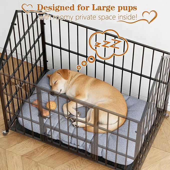 Dosker Heavy Duty Dog Crate 42 Inch,XL Large/Medium Pet Dog Cage Kennel Indoor,Steel Escape Proof Cage with Roof Top 2 Doors Removable Trays,Lockable Wheels