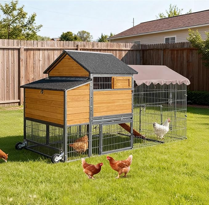 Large Chicken Coop with Run, Wooden Chicken House with Wheels, Hen Poultry Cage with All-Around Iron Frame for 6-8 Chickens, Chicken Tractor with Nesting Boxes and Metal Sliding Tray