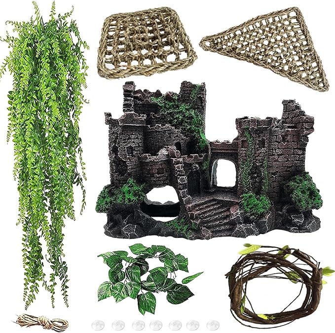 Tank Accessories for Bearded Dragon Include Resin Classical Castle Reptile Hammocks Climb Habitat Hanging Jungle Vines Flexible Leaves Climbing Decor for Chameleon Lizard Gecko Spider(6 PCS)