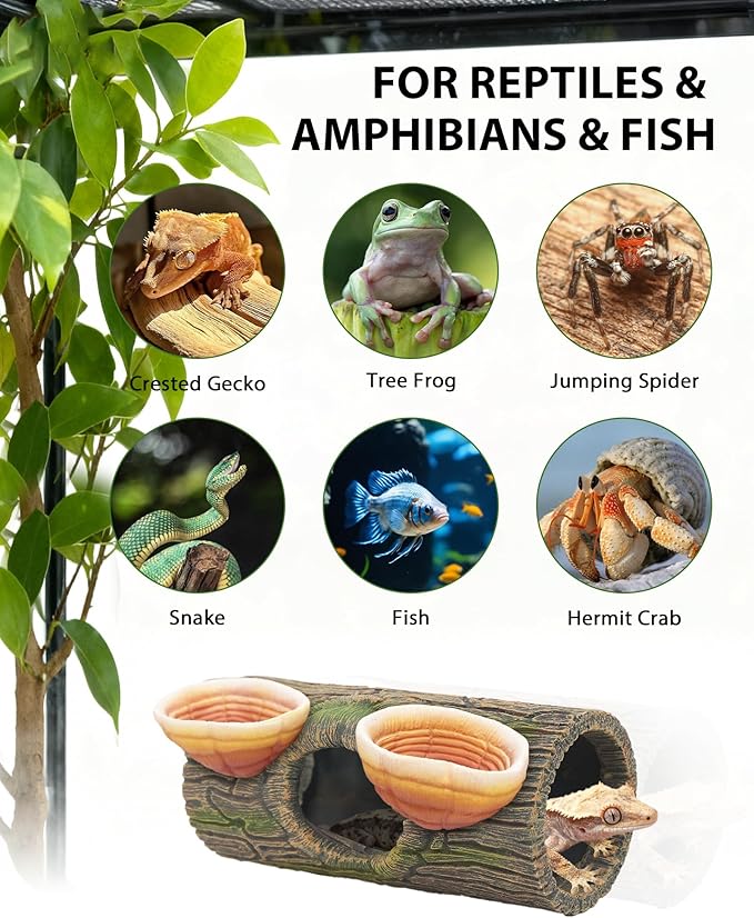 2 in 1 Magnetic Crested Gecko Hide, Reptile Hideout & Water Dish Food Bowl, Resin Hollow Log Cave, Reptile & Amphibian Habitat Hideouts, Aquariums & Terrariums Decor