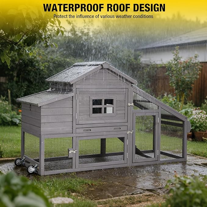 Wooden Chicken Coop, Large Chicken Tractor with Wheels, Weatherproof Hen House with Nest Box and Removable Tray, Mobile Poultry Hutch for 2-4 Chickens, Rabbits & Ducks (Grey)