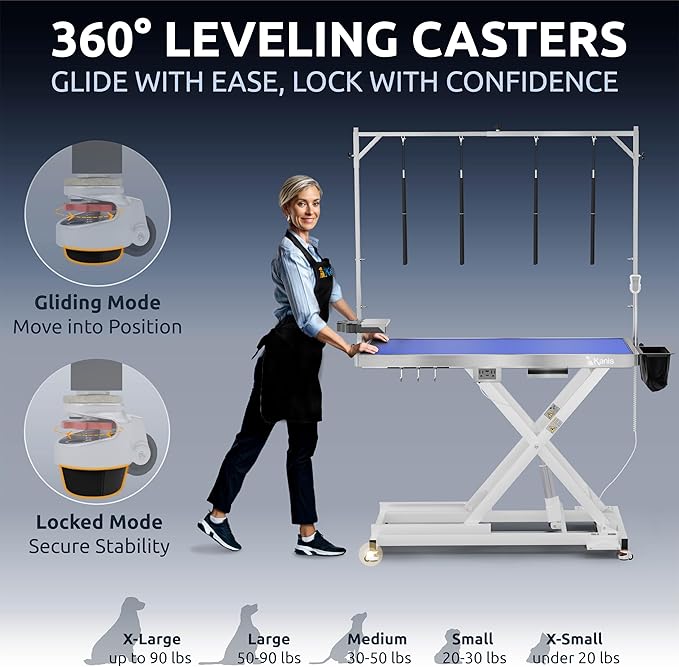 KANIS Professional Electric Dog Grooming Table - Heavy Duty, Height Adjustable Pet Grooming Table w/Leveling Wheels, Grooming Arm, Anti Slip Tabletop & Tool Organizer/Dog Grooming Station (White, 49")