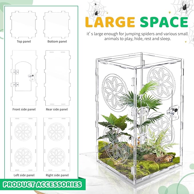 Large Jumping Spider Enclosure, 12x6x6 Inch Acrylic Tarantula Enclosure, Jumping Spider Accessories with Front Opening Door