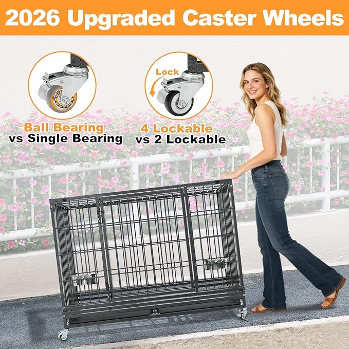 Homey Pet 48 Inch Heavy Duty Indestructible Dog Crate, Stackable Escape Proof Dog Cage Kennel Indoor with Two Trays, Metal Grids, Wheels, Bowls, Double Doors for High Anxiety Large Dogs(2 Tiers)
