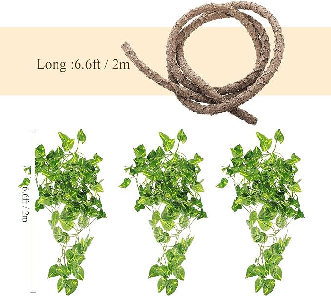 Canlierr 4 Pcs Reptile Vines, Flexible Bendable Jungle Climbing Vine Terrarium, Fake Plants for Reptiles, Artificial Leaves Terrarium Tank Pet Habitat Decor for Bearded Dragons, Lizard, Snake, Gecko
