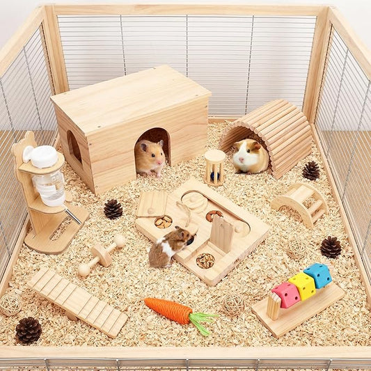 Leinuosen 19 Pcs Hamster Cage Accessories Toy Set Large 12*9*7 Inch Wood House with Window and Water Bottle with Stand Foraging Toy Hideout Hamster Climbing for Starter Guinea Pig Small Animal Habitat