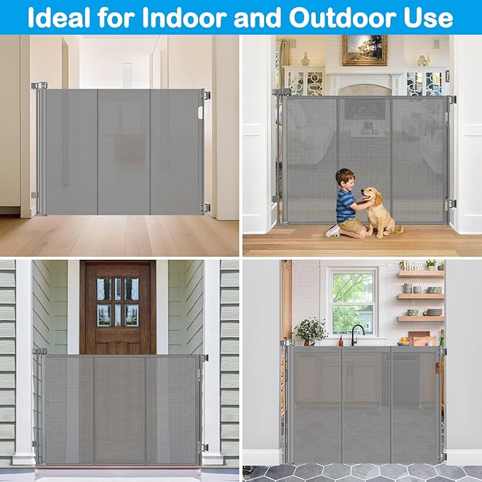 42 Inch High Retractable Baby Gates Extra Tall Retractable Pet Gate with Reinforced Strips 55 Inch Wide No Sag Mesh Baby Gate for Stairs Anti-Scratch Extra Tall Dog Gates for Doorways, Gray