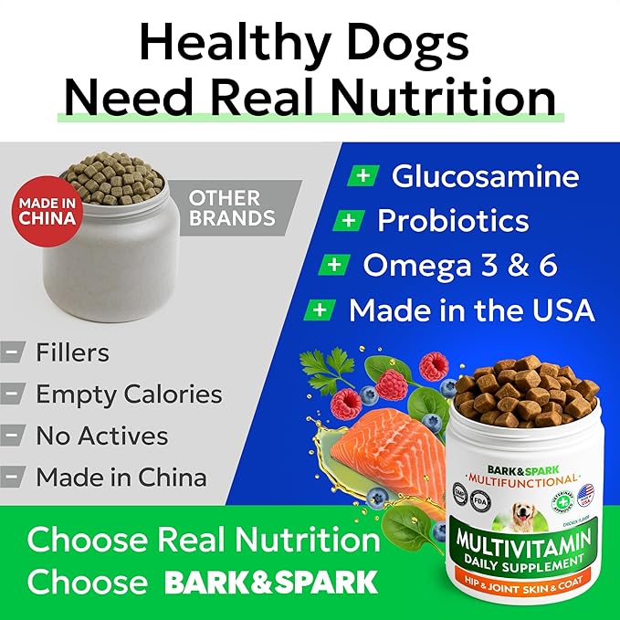 BARK&SPARK Dog Multivitamin Chews Glucosamine Chondroitin with Omega 3, Digestive Enzymes & Probiotics | Vitamins and Supplements for Dogs Pet Skin & Coat & Joint & Gut Health Support - 120ct