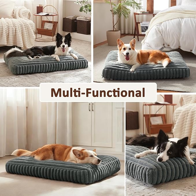 Dog Bed Medium Size Dog, Flat Pet Beds with Removable Washable Cover, Pet Mat Cute Crate Bed Thick Shredded Chopped Crate Foam & Anti Slip Bottom for Indoor, 29"x21"x3" Grey
