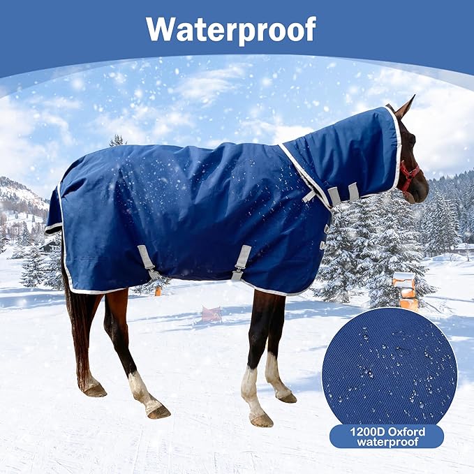 1200D Winter Waterproof Horse Trunout Blanket, 280g Warm Cotton Filling Liner with Turnout Neck Cover Detachable, Medium Weight Waterproof Horse Blanket (Back Length 81 inch / 155 CM)