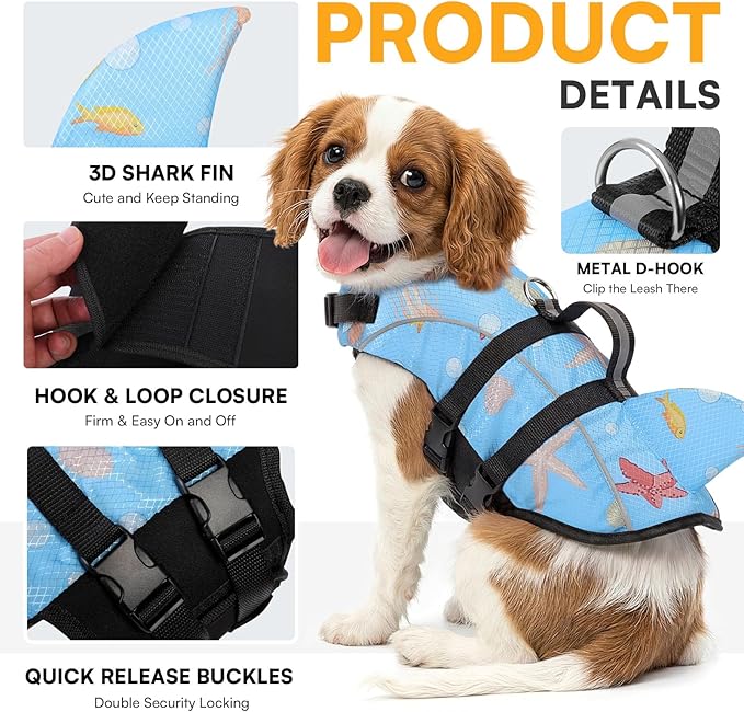 Queenmore XXS Cat Shark Life Jacket, Extra Small Dog Life Vest for Swimming and Boating, Lightweight Dog Life Preserver with Rescue Handle/Leash Hook/Reflective Strips