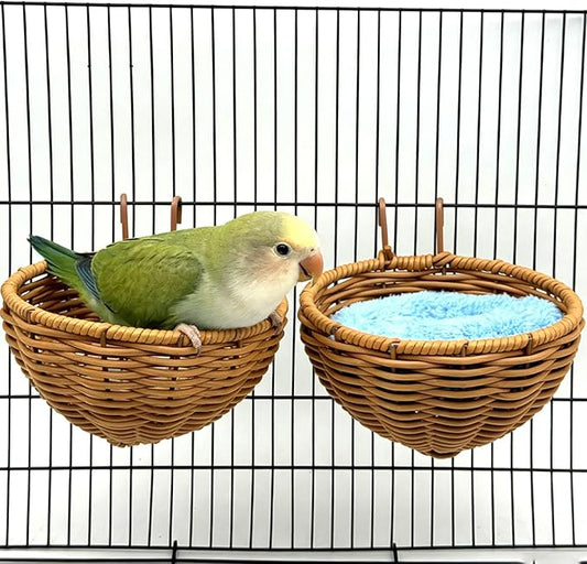 Rattan Bird Nest for Cage，2PCS Hanging Parrot Breeding Nesting House Washable Soft Warm Sleep Hut Bird Cage Accessories for Cockatiels Budgerigars Finches Canaries