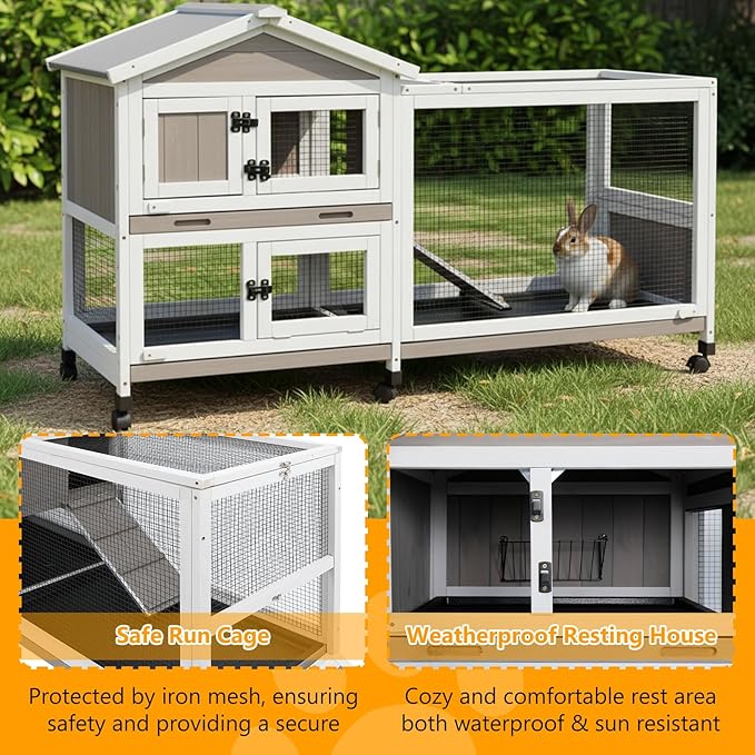 Gowoodhut Outdoor Rabbit Hutch Indoor Bunny Hutch 2 Story Weatherproof Bunny Cage with 6 Wheels, 3 Seperate Pull Out Trays, Safe Metal Run, Wooden Pet House for 1-3 Guinea Pigs, Hamster