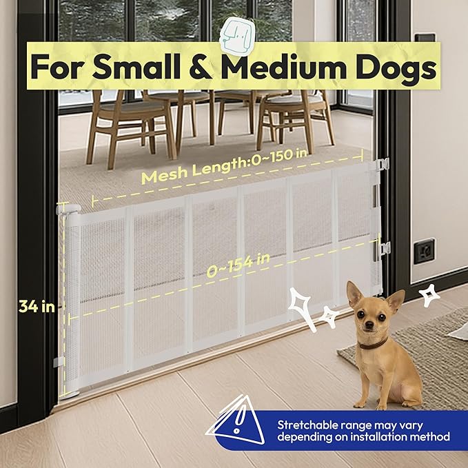34" H Tall Mesh Dog Gate Extends Up to 150" W Retractable Pet Gate with Drill Installation, Preventing Crawling Through for Stairs, Doorways, Indoor & Outdoor (White)