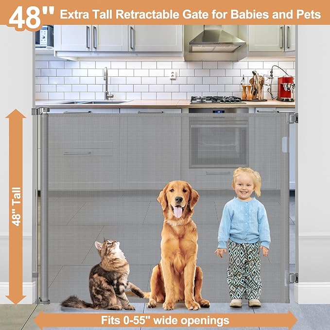 48" Extra Tall Retractable Dog Gate Indoor Prevent Your Baby/Dog/Cat from Jumping Over 55" Wide Extra Tall Retractable Baby Gate for Doorway Mesh Gates for Kids or Pets Puppy Gates for the House, Gray