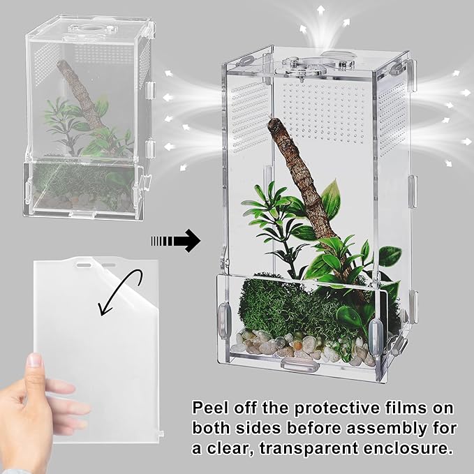 VERTUPET 4"x4"x8" Acrylic Jumping Spider Enclosure, Clear Arboreal Reptile Habitat Tank with Secure Locking Latch for Frogs, Crickets, and Snails, New