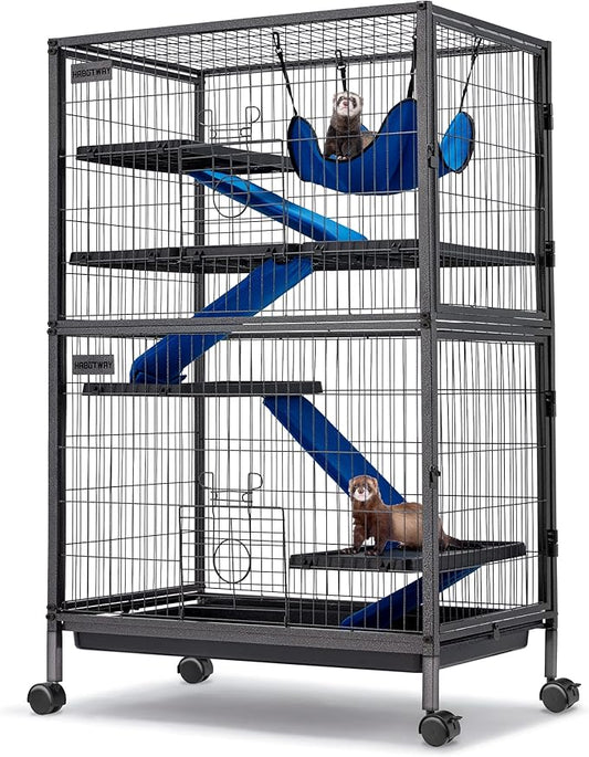 HABUTWAY 50''H Metal Small Animal Cages, Rolling Chinchilla Cage with Removable Ramps, Lagre Cage for Chinchillas/Guinea Pigs/Rabbit, Ferret Cages with Hammock & 5 Tiers, Black