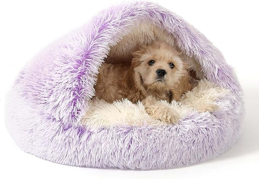 NOYAL Round Hooded Donut Dog Bed for Small & Medium Pets - Plush Fluffy Anti-Anxiety Cat Cave Bed with Cover