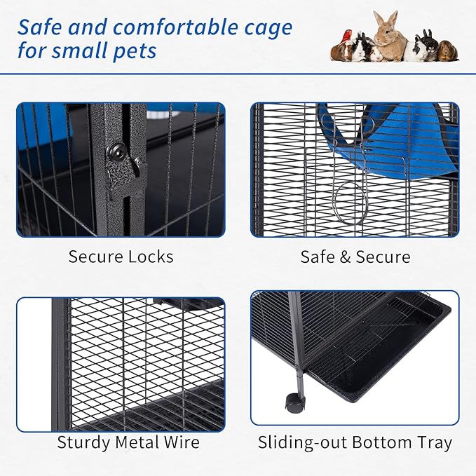 4 Tier Steel Deluxe Small Animal Pet Cage Kit for Guinea Pig Ferret Little Rabbit with Wheels Brakes Hammock 4 Platforms Removable Tray and Ladder with Flannel