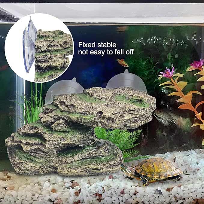 kathson Turtle Basking Platform Floating Turtle Dock Baby Tortoise Climbing Ramp Shale Reptiles Dock Resting Terrace Stone Aquarium Ornament for Frogs Newts (Green Size:8.2”Lx3.3”Wx3.1”H)