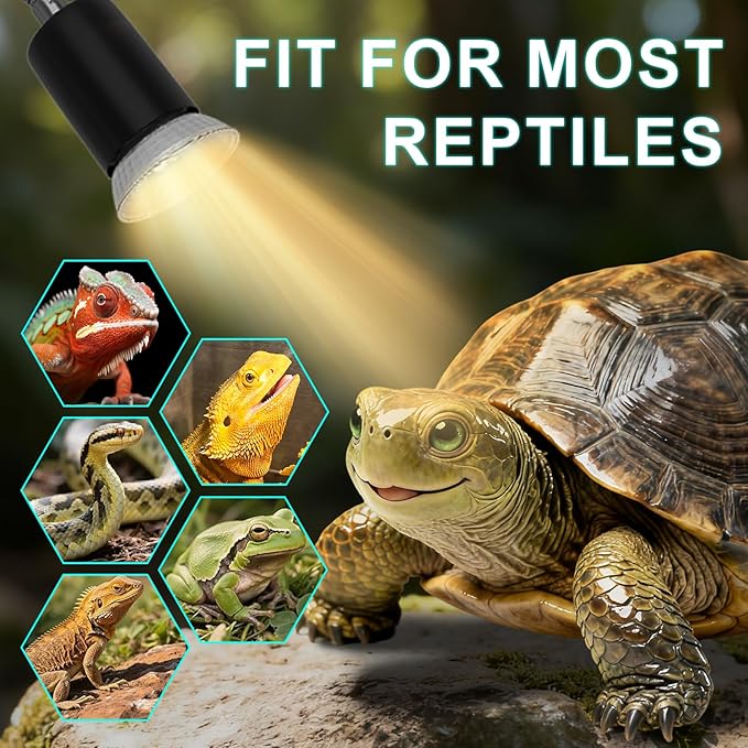 Reptile Heat Lamp Turtle Light - Long Lasting Ceramic Socket Basking Lamp with Auto Timer & Dimmer, 2 E27 Bulbs (25W & 50W) with UVB Support & Test Card for Turtles, Tortoises, Bearded Dragons, Geckos
