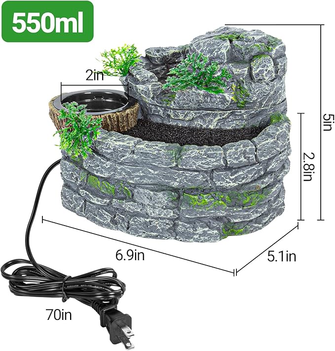 Reptile Water Fountain, Reptile Terrarium Waterfall Drinking Fountain with Food Dish for Bearded Dragon Lizard Leopard Crested Gecko Chameleon Frog
