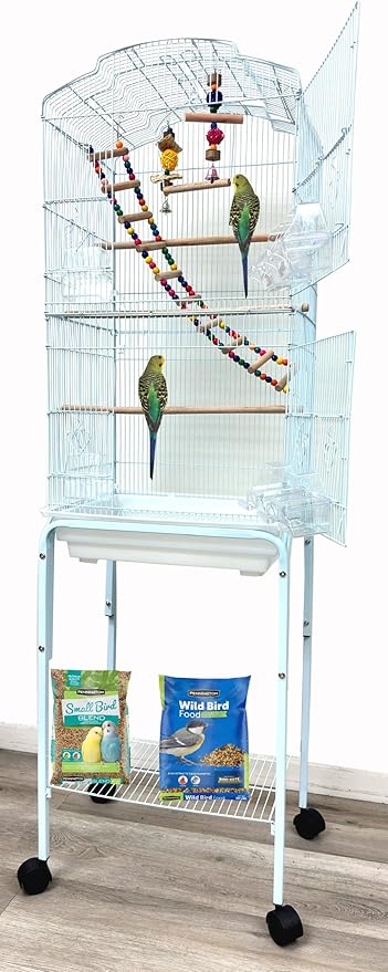 66" Large Open/Close Play Perch Stand Top 10-Step Play Ladder Toys Feeder Doors Clear Food Water Cups Side Breeding Doors Canary Lovebird Finch Cockatiel Bird Cage with Detachable Rolling Stand