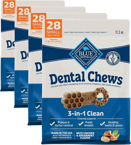 Blue Buffalo Dental Chews Small Natural Dog Treats, Chicken & Spearmint 11.3-oz Bag (28 Count) (Pack of 4)