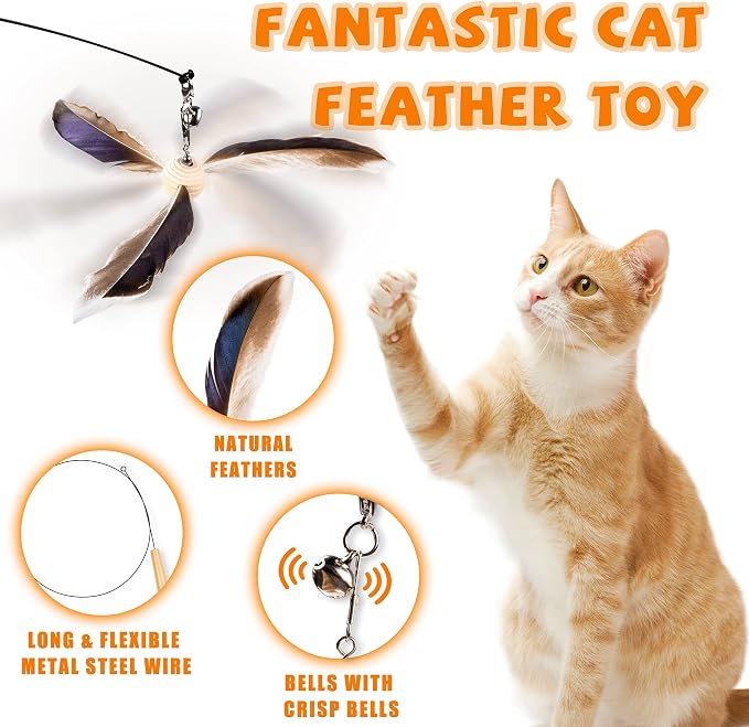 JXFUKAL Cat Wand Toys, Interactive Cat Toys with 3 Feather Refills, 29'' Flexible Steel Wire, Sturdy Wood Handle & Bell for Kitty Kitten, Cat Toys for Indoor Cats Teaser Cat String Toy - Image 3