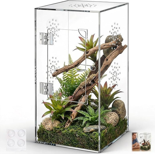 Large Jumping Spider Enclosure, 12x6x6 Inch Acrylic Spider Terrarium, Pre-Assembled Reptile Enclosure with Front Opening Door, Habitat Accessories for Mantis, Tarantula, Snail, Invertebrates