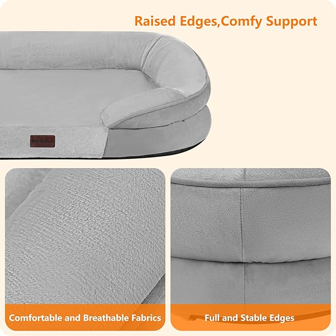 Dwanton Orthopedic Dog Bed for Medium Dogs with Gel Memory Foam, Waterproof Dog Sofa, Washable Pet Bed with Four Sided Bolster Cushion, Removable Cover & Non-Slip Bottom, 36", Light Gray