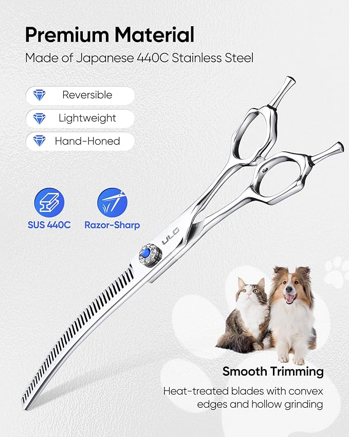 ULG Curved Thinning Dog Shears for Grooming, 7 Inch Professional Curved Thinning Dog Grooming Scissors for Blending and Thinning, 40-Tooth 15%-20% Rate 440C Stainless Steel Pet Hair Scissors